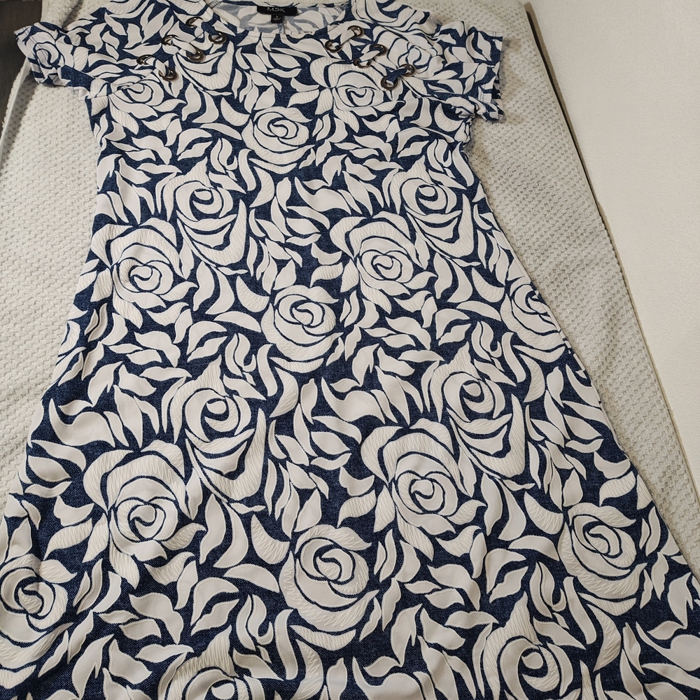 Msk Woman's Summer Blue White Floral Dress,Size Small